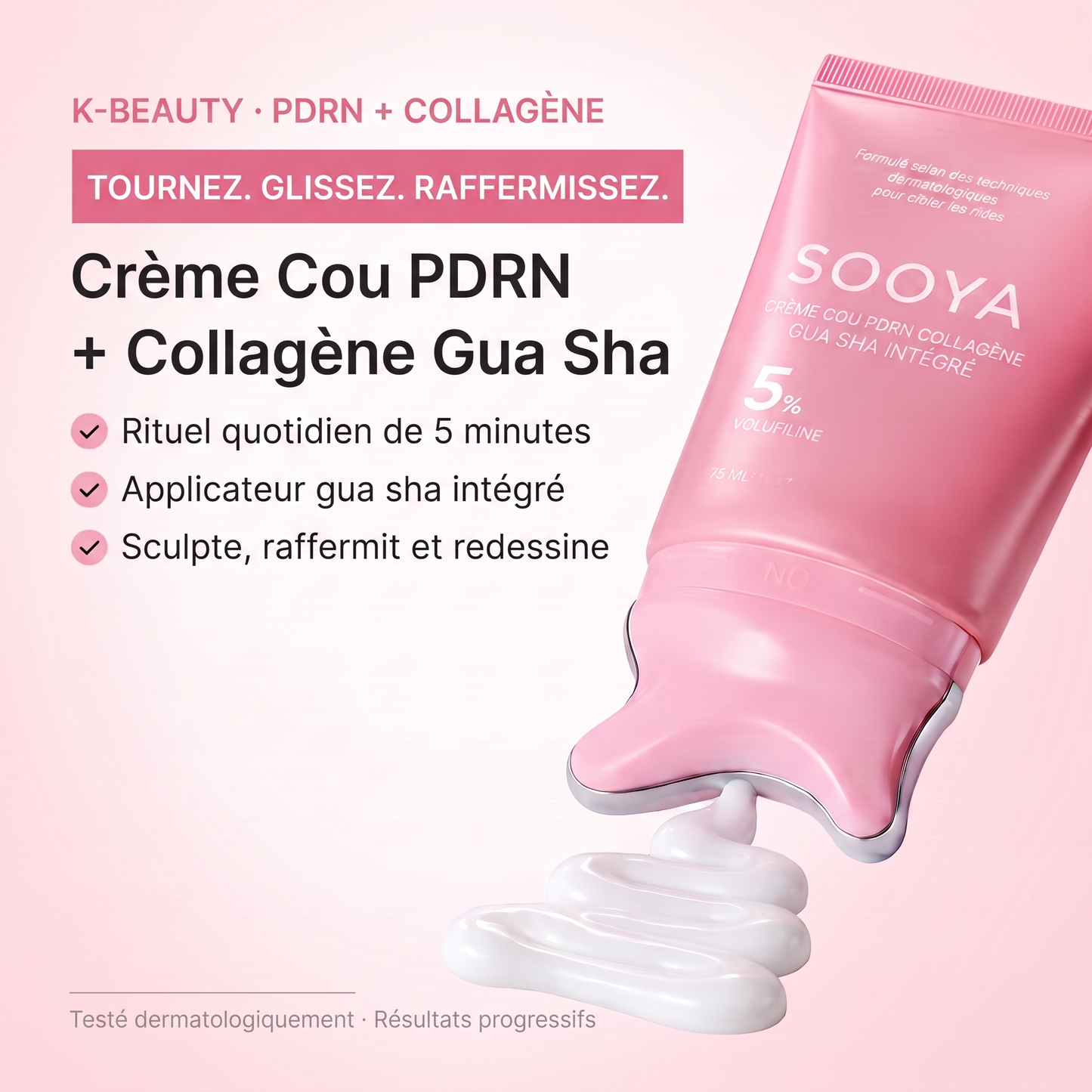 Crème Cou PDRN Collagène Sooya, tube rose à gua sha intégré